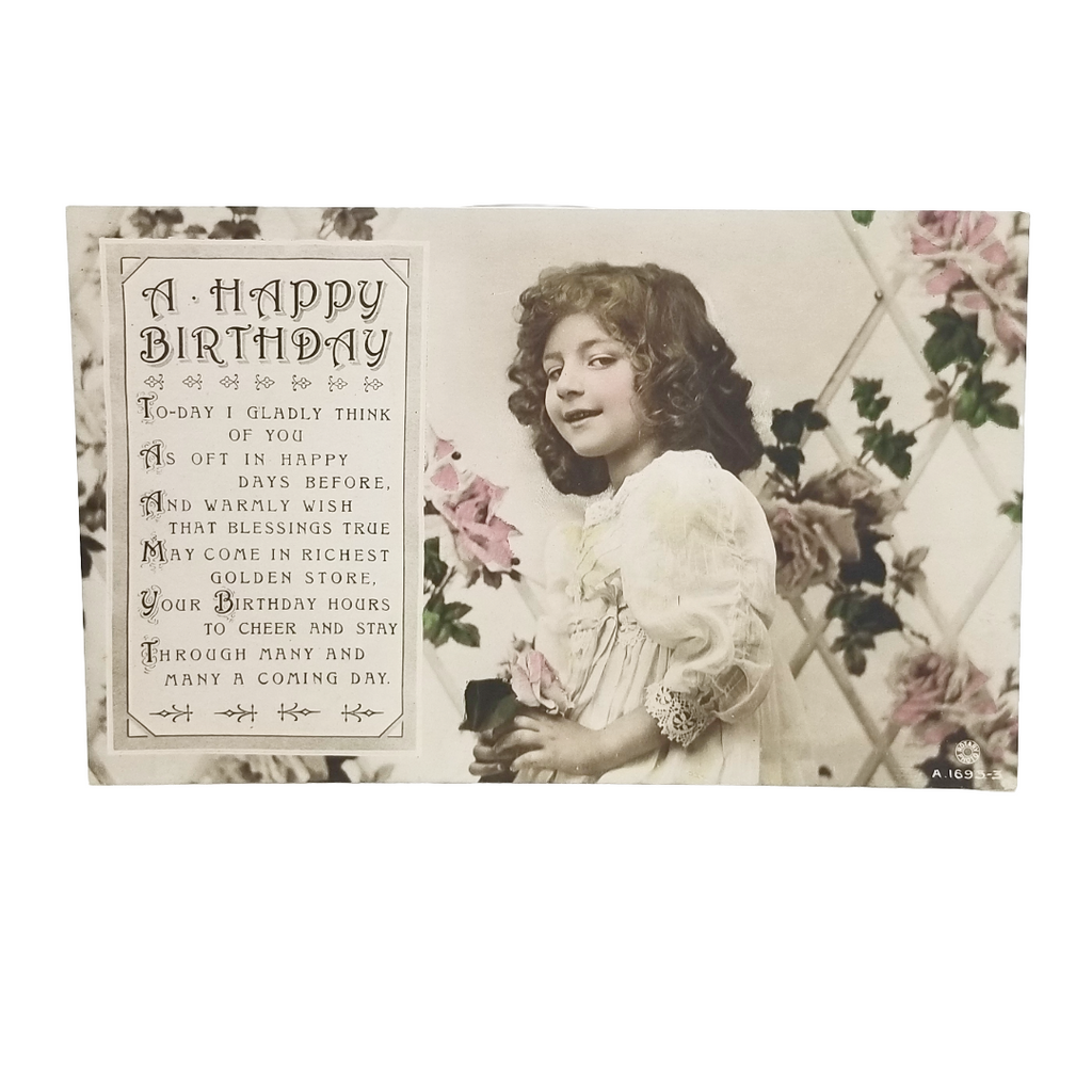 Real Photo Studio Hand Tinted Girl in Gown w/ Pink Flowers Happy Birthday