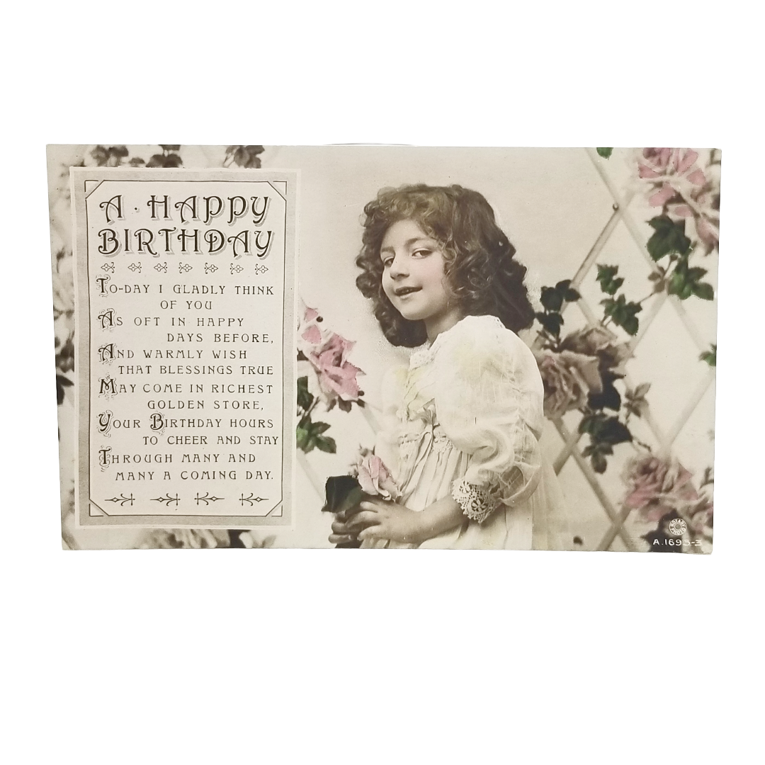 Real Photo Studio Hand Tinted Girl in Gown w/ Pink Flowers Happy Birthday