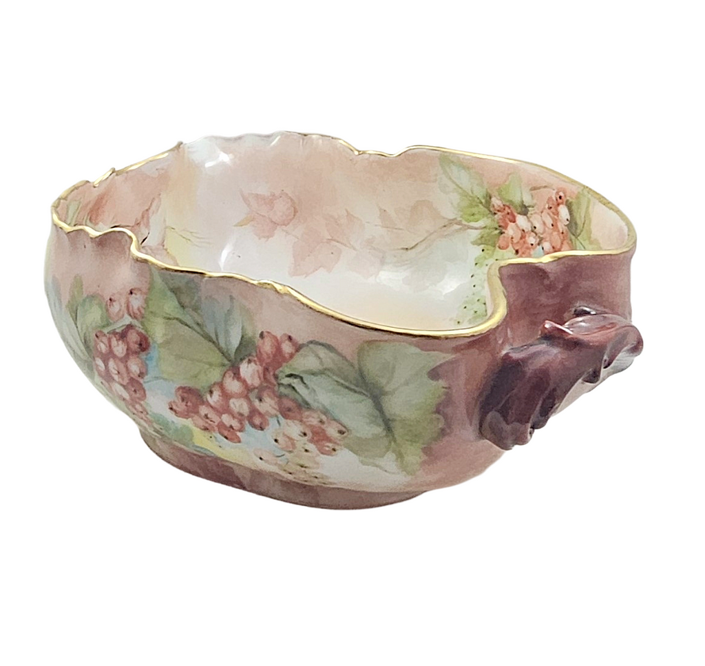 LIMOGES Porcelain Bowl Hand Painted Red Currants Branch Handle