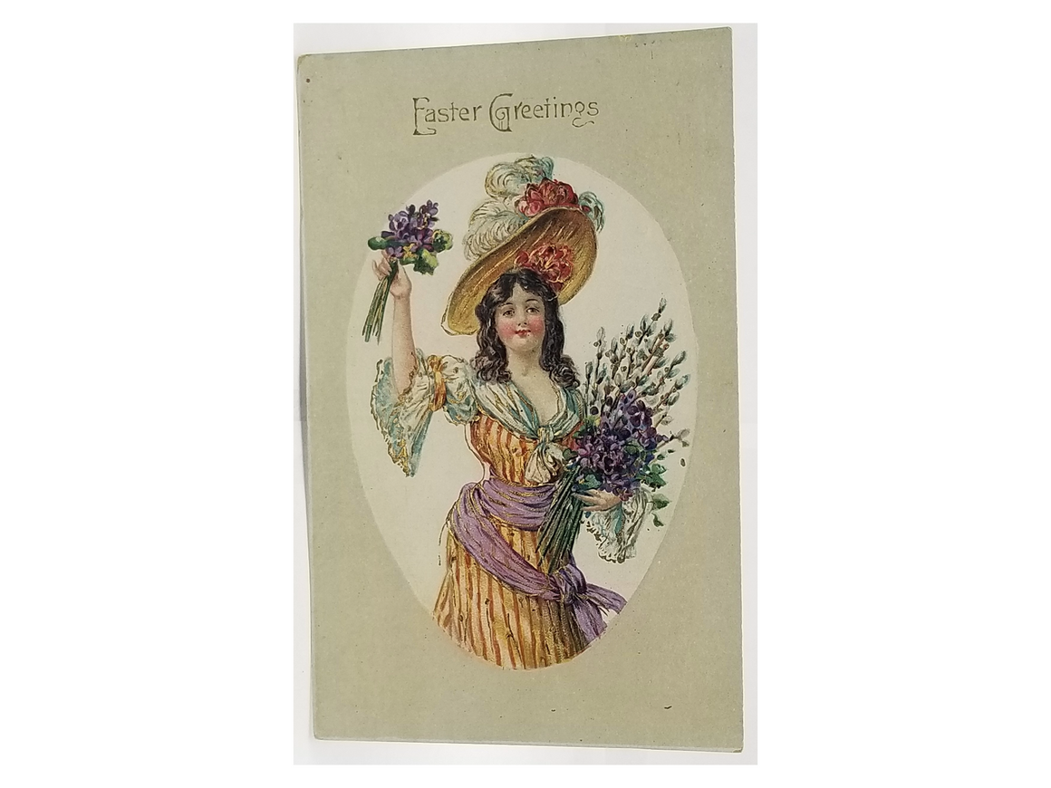 Antique Vintage Easter Postcard, Embossed German Card Woman in Fancy Dress with Flowers Gold Highlights