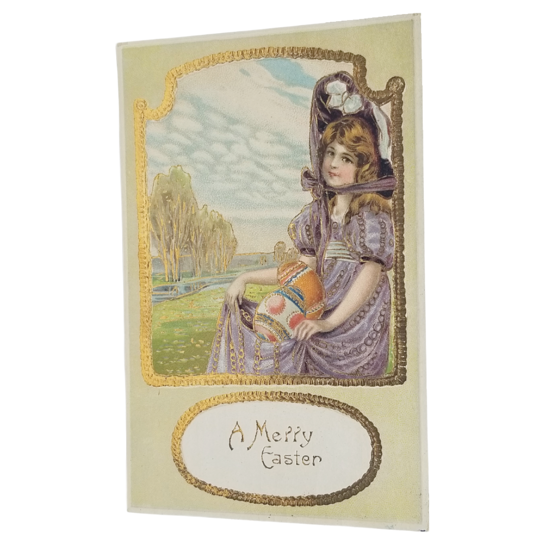 Gold Embossed Art Nouveau Easter Postcard Girl in Purple Holding Painted Eggs