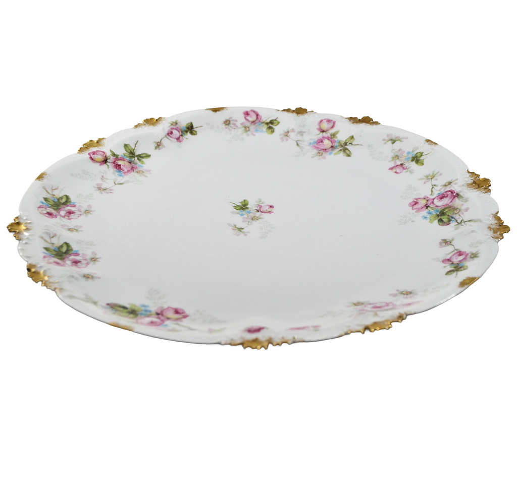 Limoges Art Nouveau Porcelain Hand Painted Pink Roses Gold Trimmed Charger Plate