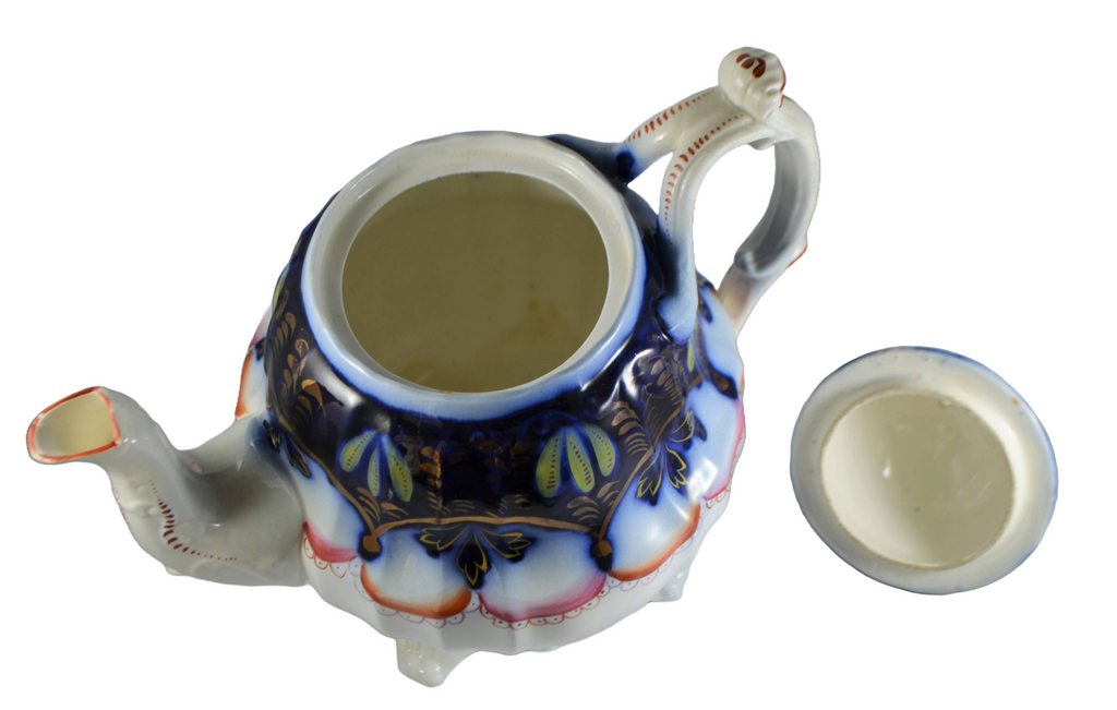 19th Century Rare Staffordshire Gaudy Welsh Ironstone Banana Flow Blue Teapot
