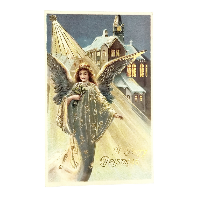 Christmas Postcard Religious Theme Angel Under Shining Star Lit Church Gold Highlights