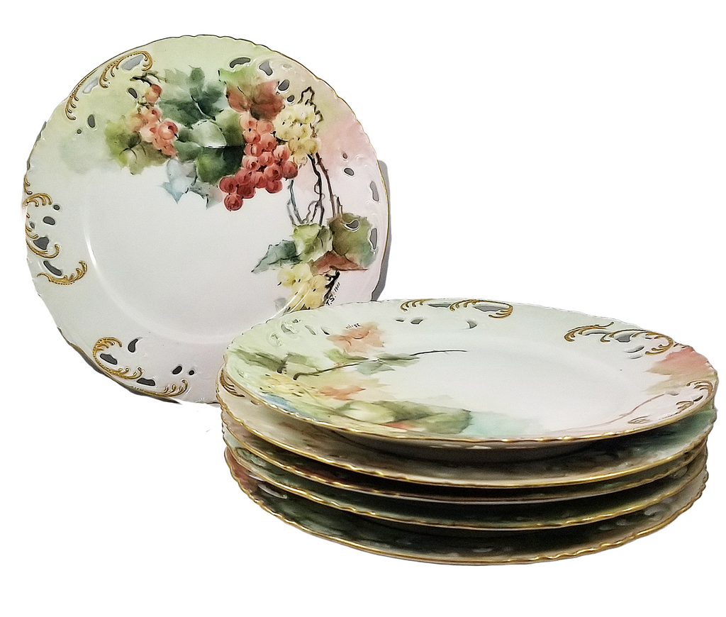 Limoges Porcelain HP Haviland Gerard  AS 6 PC Pierced Grapes Fruit Plate Set