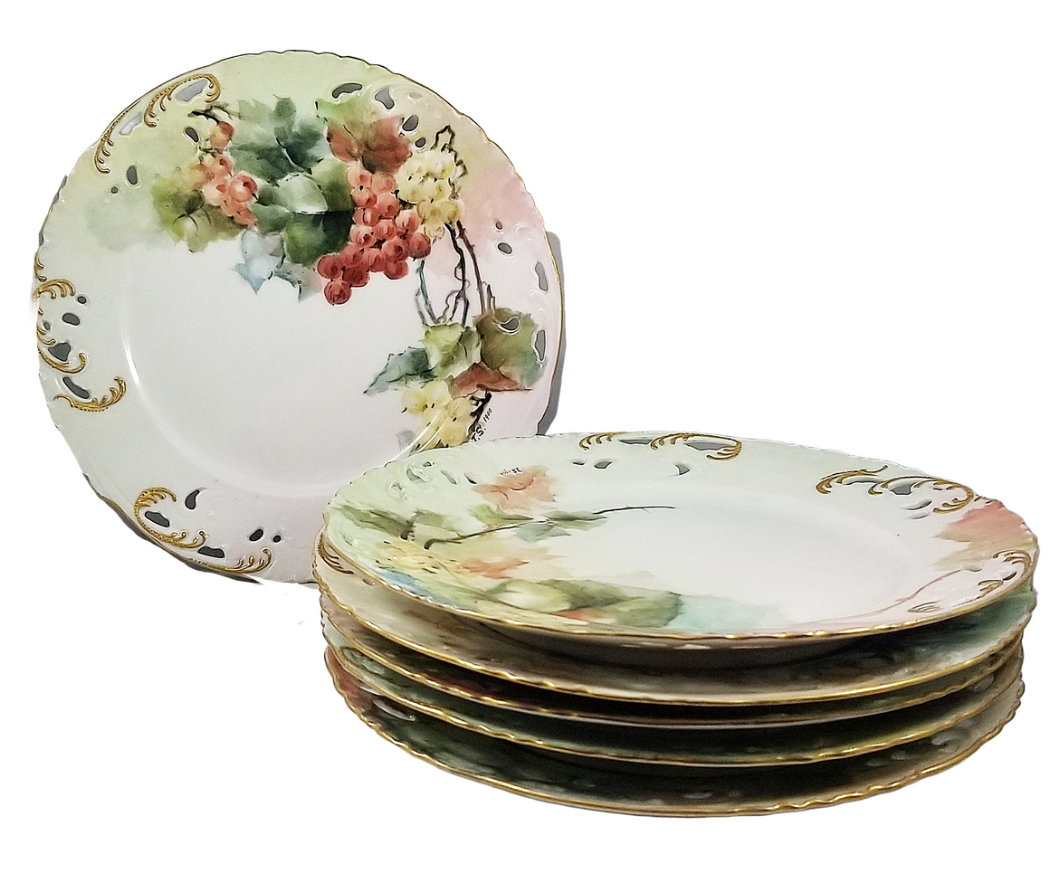 Limoges Porcelain HP Haviland Gerard  AS 6 PC Pierced Grapes Fruit Plate Set