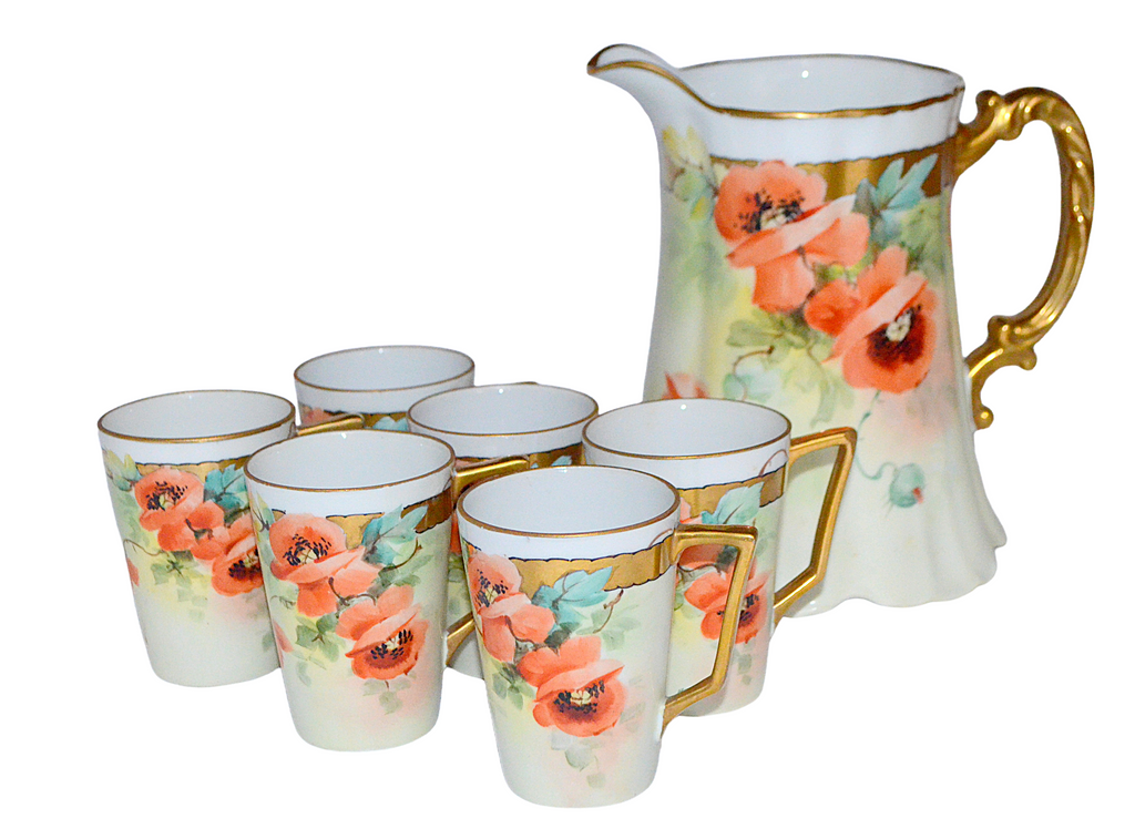 Bavaria Porcelain 7pc Painted Poppies Lemonade Water Set