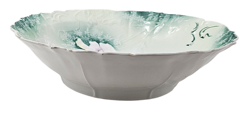 RS Prussia Porcelain Bowl Teal Rim Mold 32 Floral Pattern