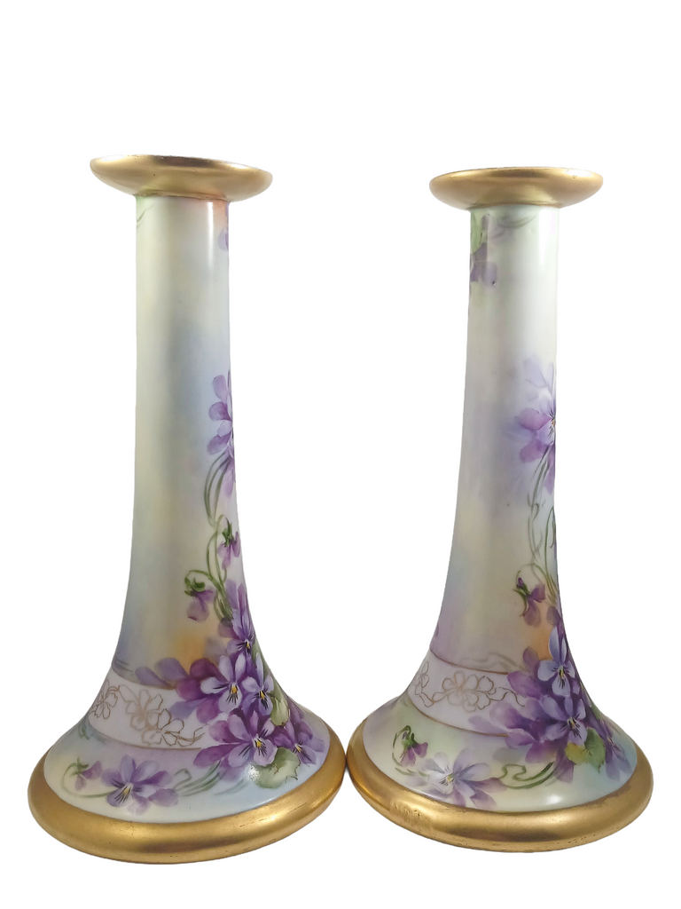 Limoges Porcelain Candle Holders Hand Painted Violets Artist Signed Perl