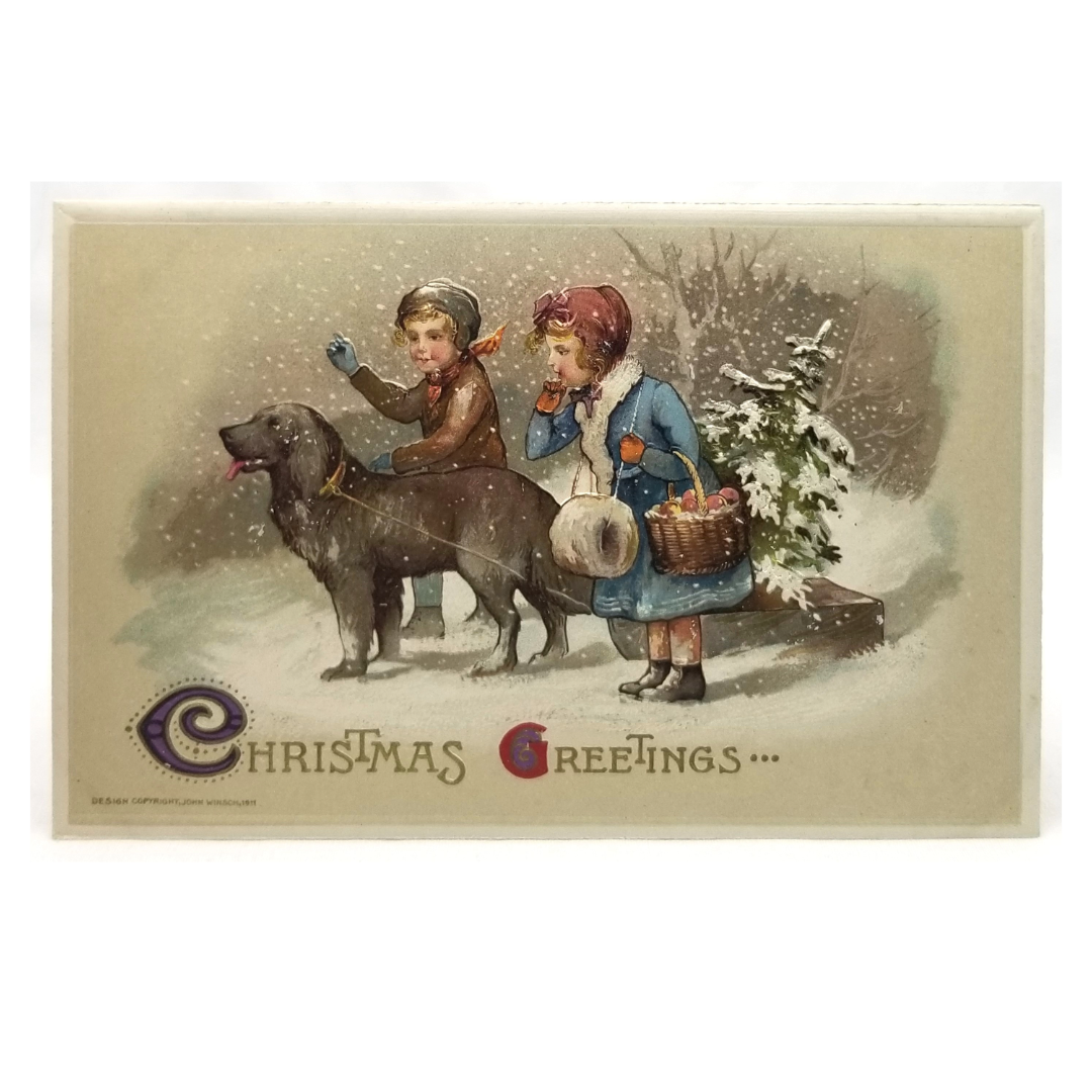 Vintage Christmas Postcard, Antique Holiday Card, Embossed with Children & Dog in Snow Pulling Sleigh John Winsch Pub