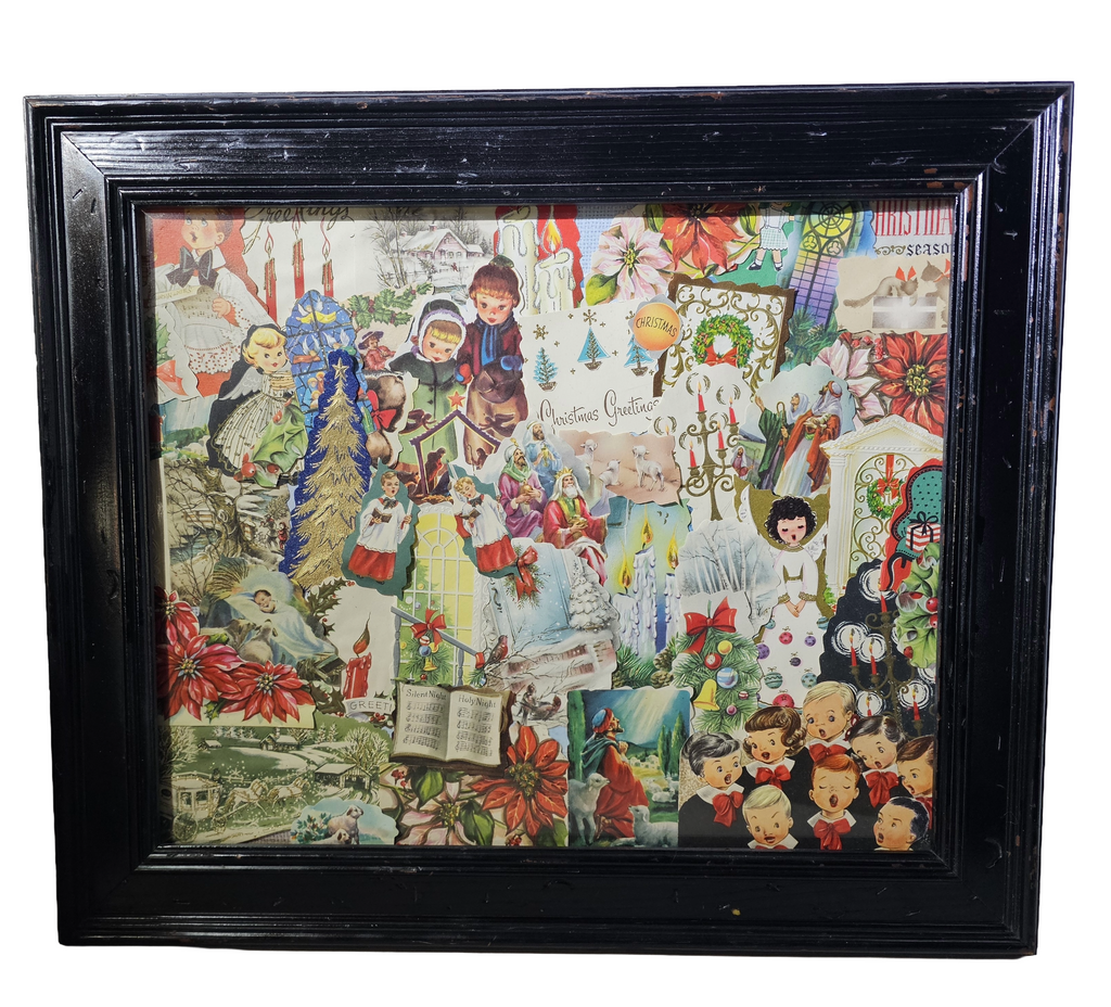 Framed Mid Century MCM Vintage Christmas Card Collage Puzzle Art