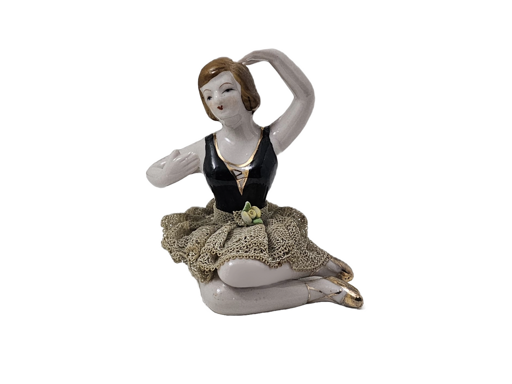 Porcelain Bisque Bathing Beauty Seated Ballerina Dresden Lace Skirt