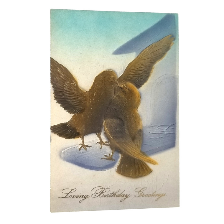 Greetings Postcard Happy Birthday Airbrush Painted Birds Kissing at House Gold Blue Heavy Embossed Unused Card PFB Pub 9238