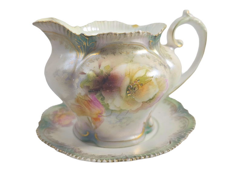 RS Prussia German Porcelain Open Floral Creamer Saucer w/ Tiffany Finish