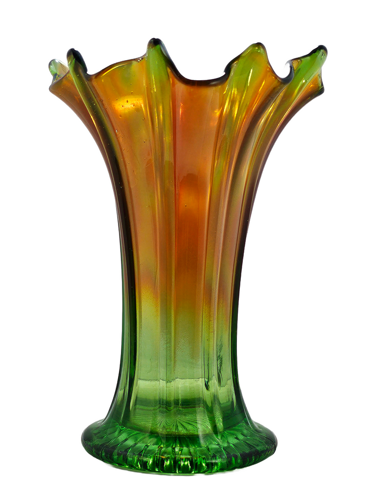 Antique Northwood Thin Ribbed Carnival Glass Vase, Marigold & Green Standard Swung Carnival Vase