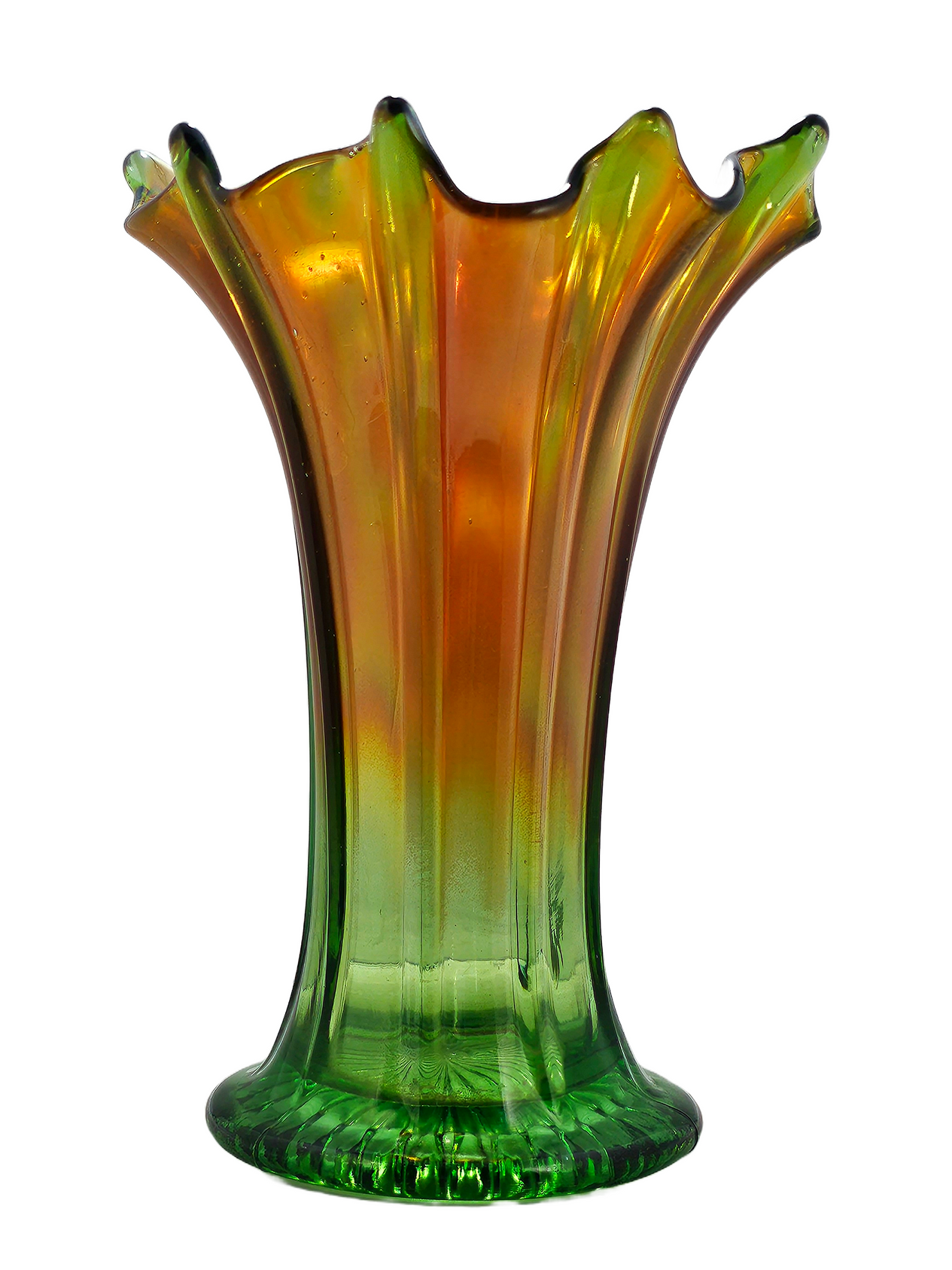 Northwood Thin Ribbed Swung Marigold Green Carnival Glass Vase
