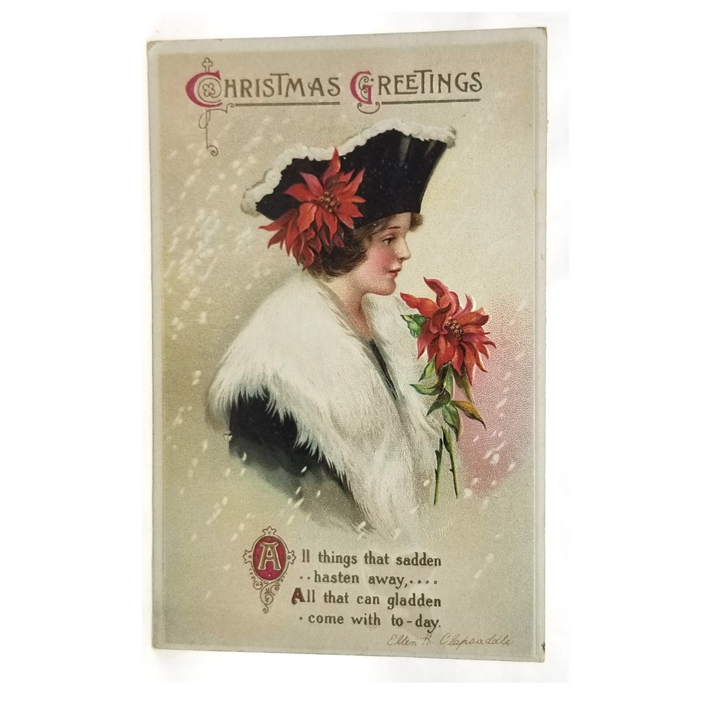 Vintage Christmas Postcard, Embossed Antique Card Woman in Winter Dress with Poinsettias Artist Ellen Clapsaddle Series 3597