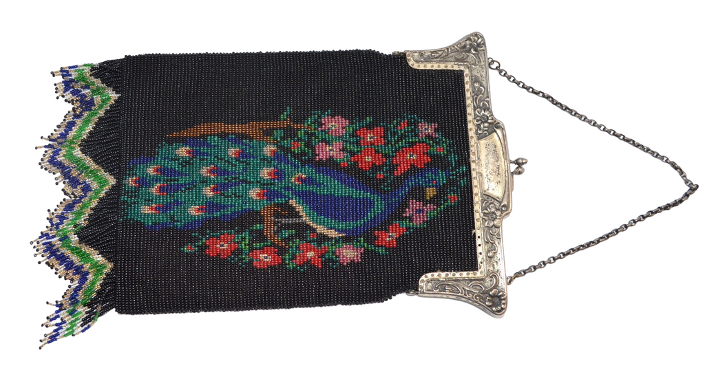 Antique Vintage Handmade Scenic Handbag Beaded PEACOCK PURSE