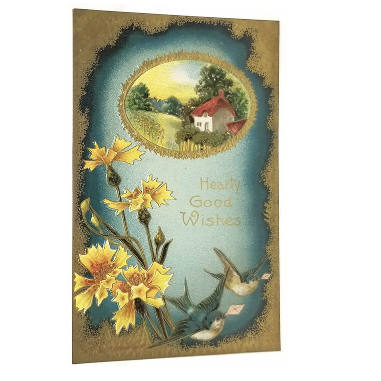 Greetings Postcard Happy Birthday Blue Birds with Yellow Flowers Gold Border and Landscape Embossed Unused Card