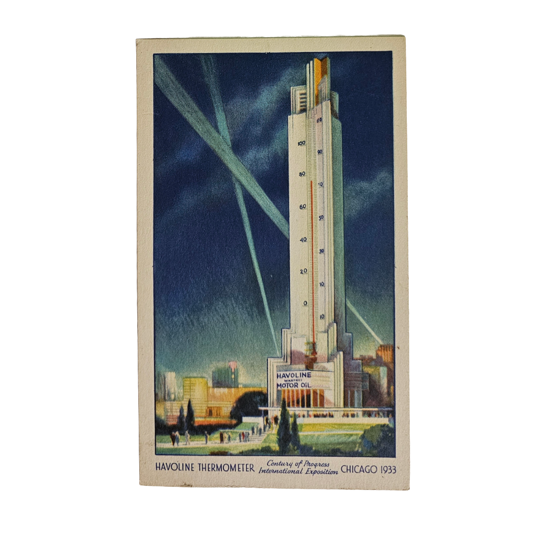 Exposition Postcard 1933 Chicago World Fair Havoline Thermometer Indian Motor Oil