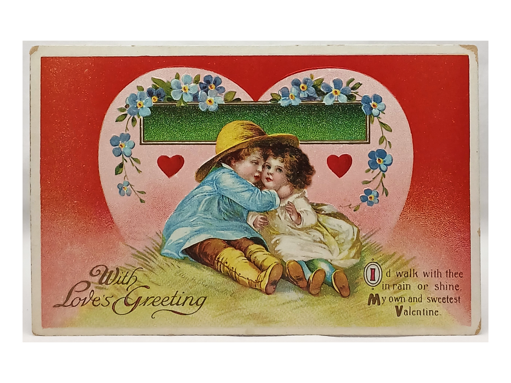 Antique Vintage Valentine Postcard, Little Boy in Farmer Hat Holding Girl on Haystack Artist Ellen Clapsaddle Series 4236 IAP