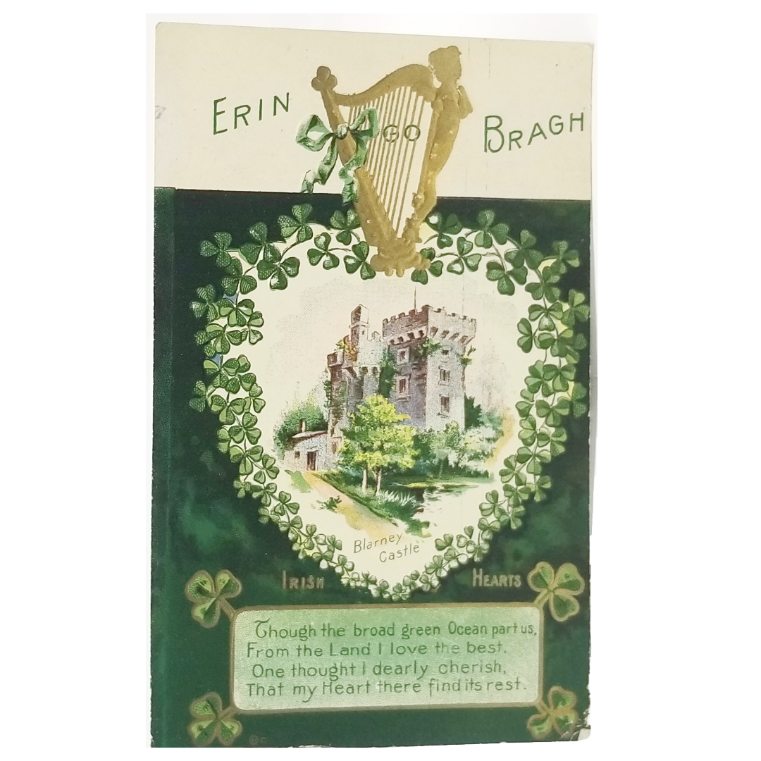 Saint Patrick's Day Postcard Erin Go Bragh Gold Embossed Blarney Castle Irish Hearts
