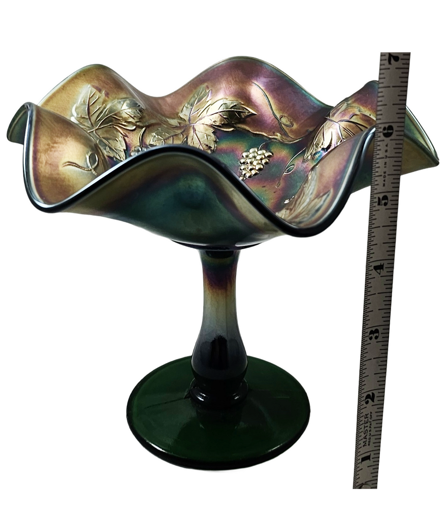 Fenton Grape & Leaves Green Carnival Glass Compote