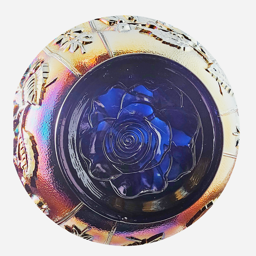 Blue Stippled Imperial Carnival Glass Open Rose Lustre Rose Collar Based Bowl