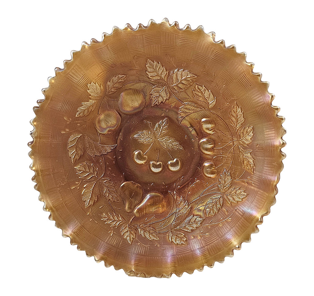 Northwood Marigold Three Fruits Carnival Glass Bowl Basket Weave Back