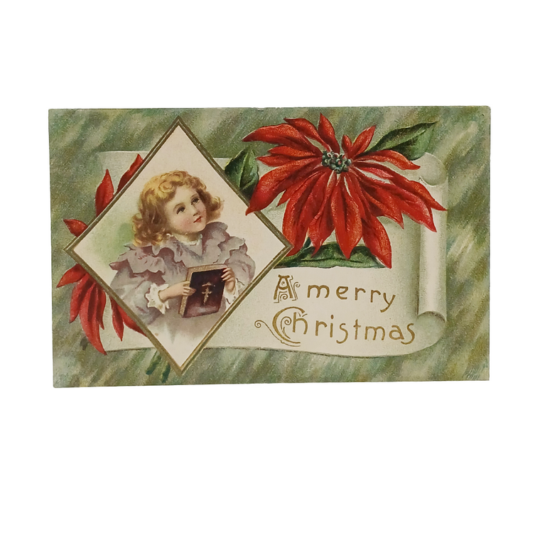 Christmas Postcard Young Girl Holding Prayer Book Poinsettia Flowers Above