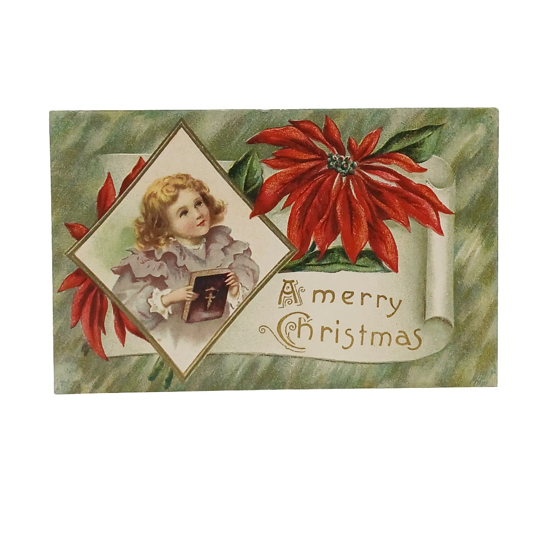 Christmas Postcard Young Girl Holding Prayer Book Poinsettia Flowers Above