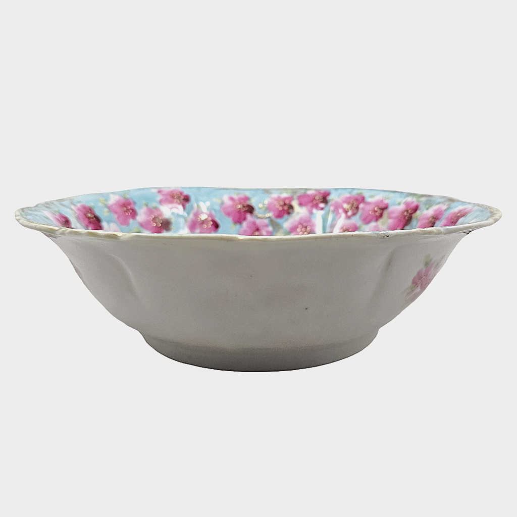 Antique Large Nippon Bowl Blue w/ Pink Flowers Moriage Gold