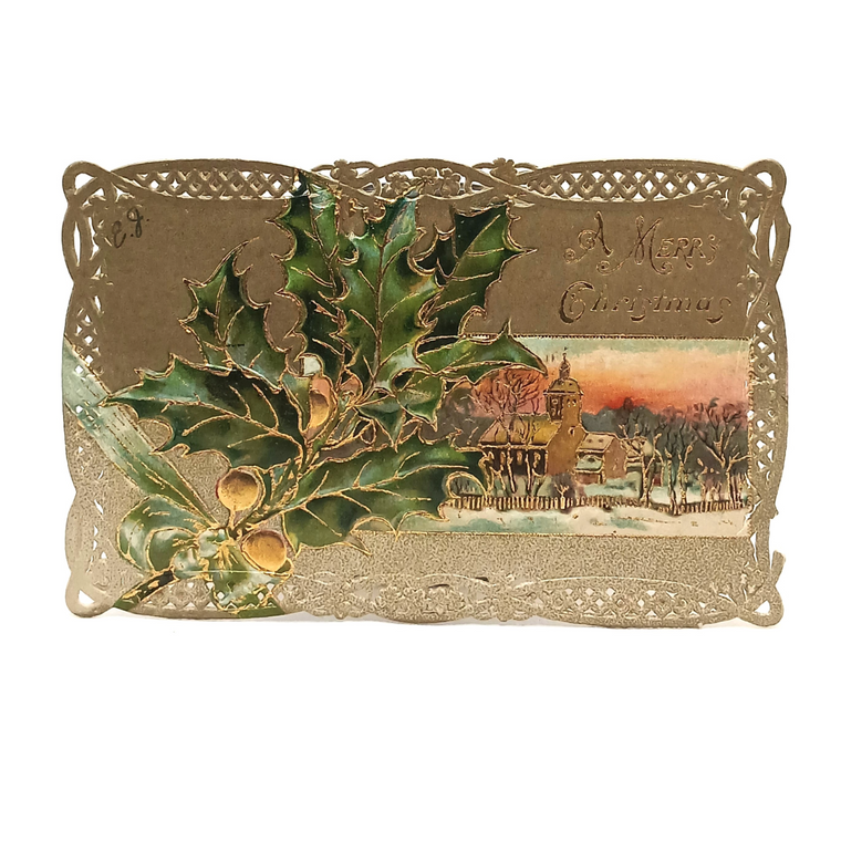 Christmas Postcard Snowy Landscape Gold Embossed with Holly Reticulated Border
