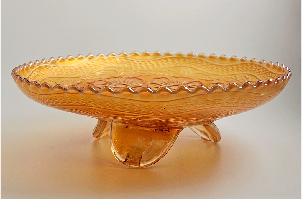 Fenton Marigold Carnival Glass Footed Bowl: Dogwood & Marsh Lily Pattern