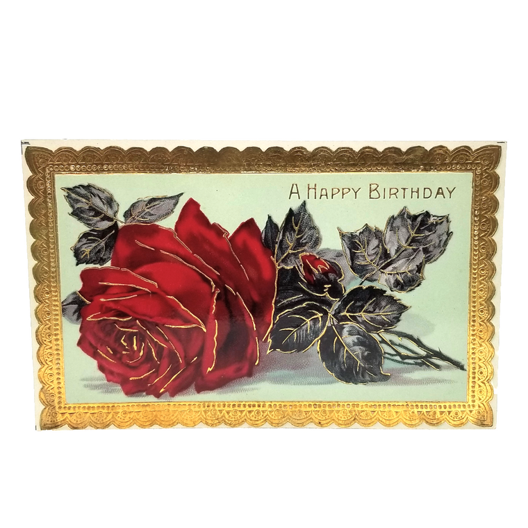 Greetings Postcard Happy Birthday Red Rose Gold Border Series 7000 Germany