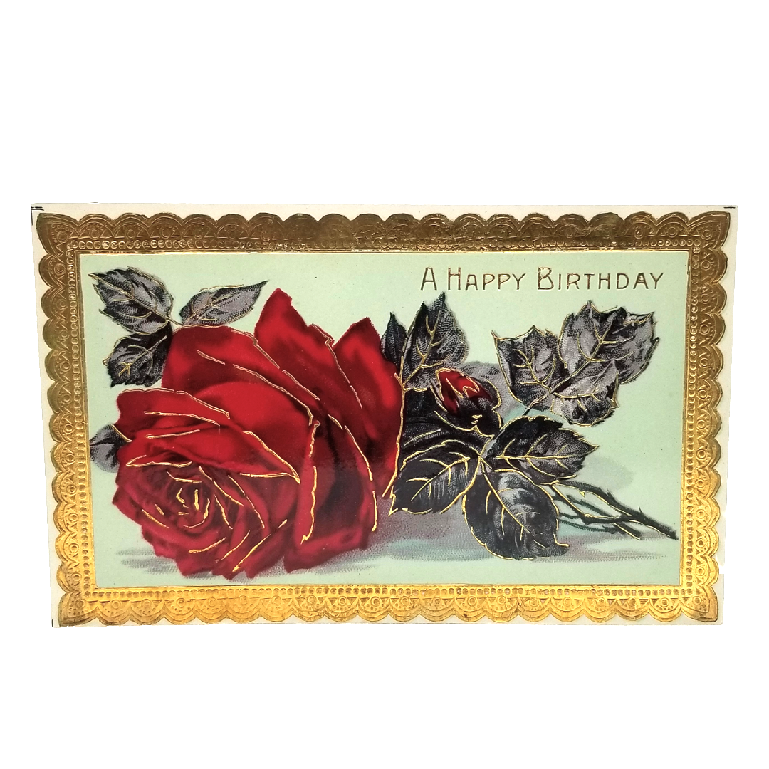 Greetings Postcard Happy Birthday Red Rose Gold Border Series 7000 Germany