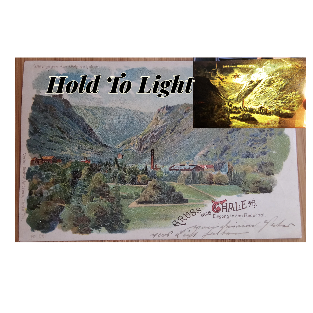 Antique Novelty Hold To Light Postcard, German HTL Card Rosstrappe Mountains Fairy Tale Legend Princess Brunhilda Leaping Away Giant Bodo