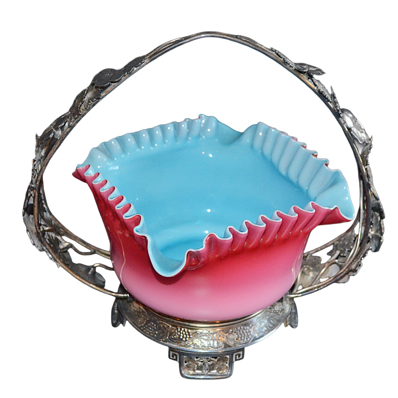 Mt Washington Pairpoint Peachblow Blue Cased Art Glass Bride's Basket