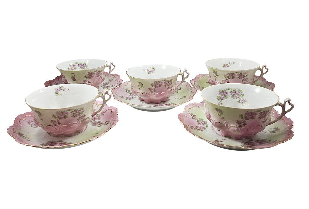 Antique Austrian Floral Porcelain Pink & Green Ornate 10 pc Cup Set