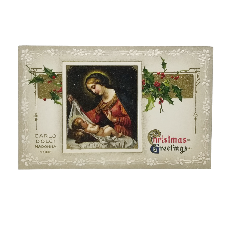 Christmas Postcard Religious Theme Carlo Dolci Madonna & Child Gold Highlights