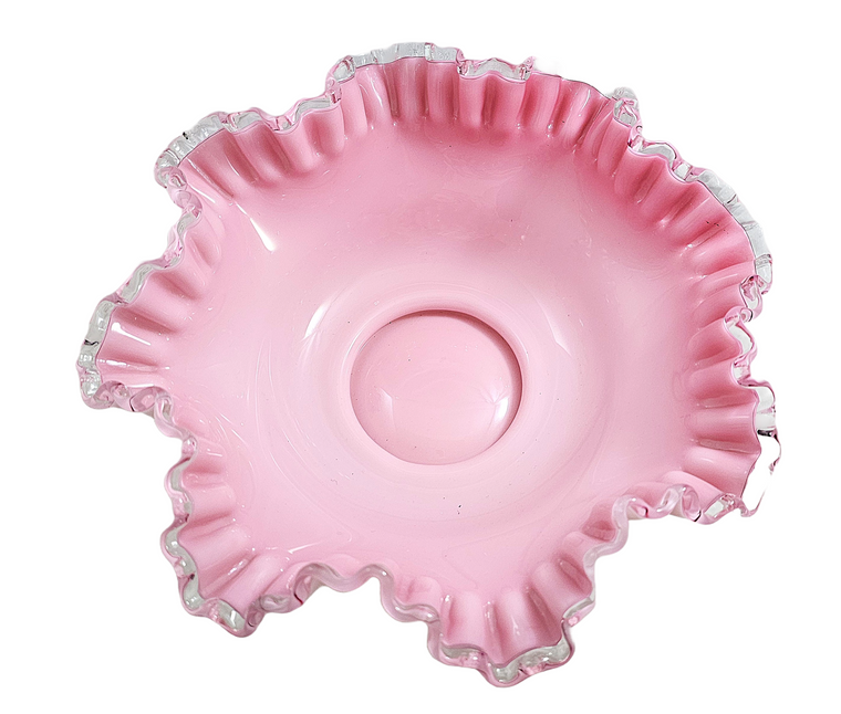 Fenton Art Glass Bride's Bowl Pink White Cased Silvercrest Trim
