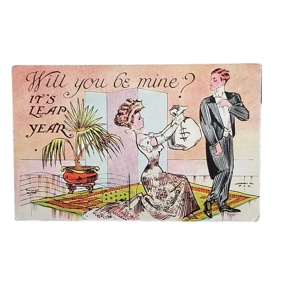 Leap Year Postcard Artist August Hutae Woman With Money Bag Man in Tuxedo 1908