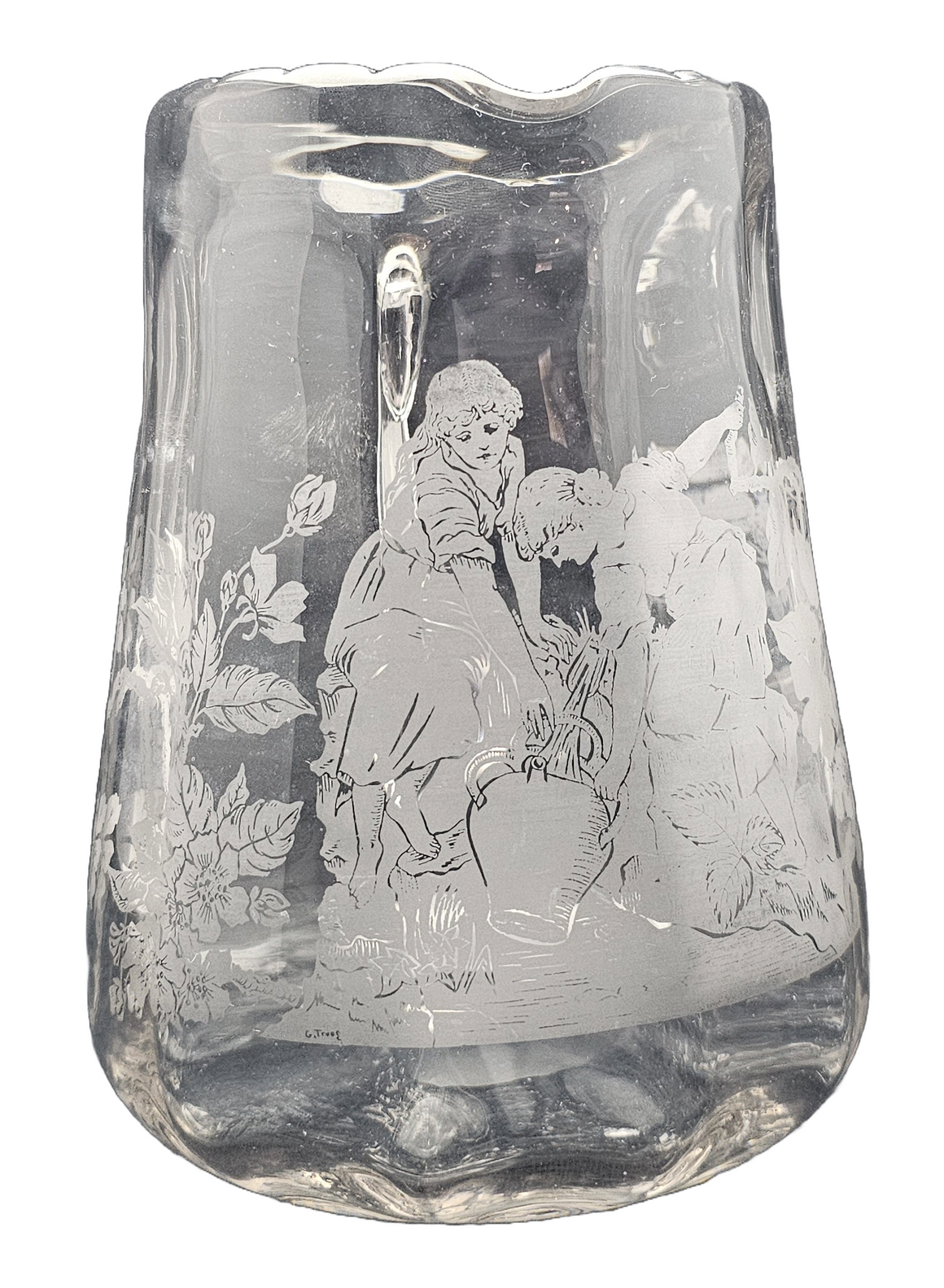 Maryland Acid Etched Glass Pitcher "Women at the Spring" Artist George Truog