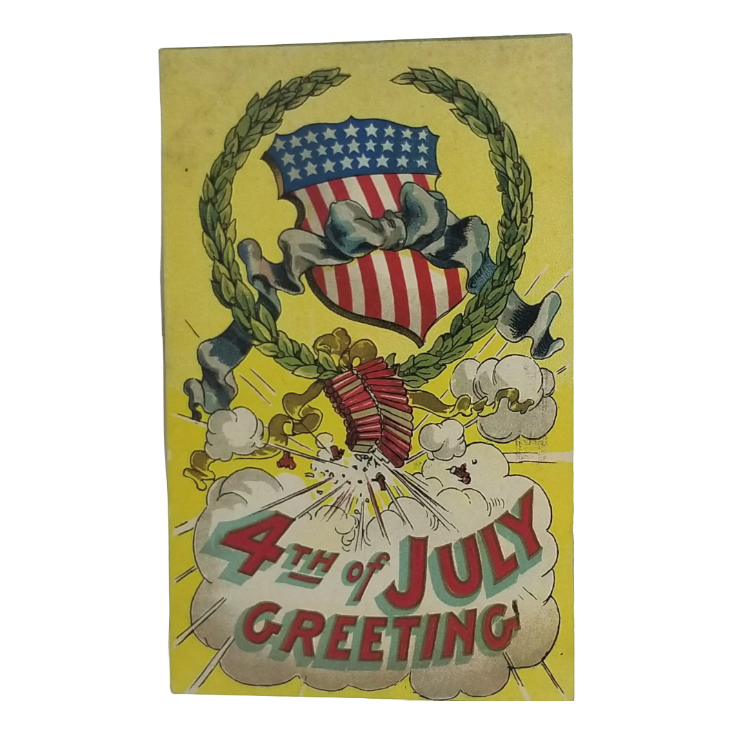 Patriotic Postcard 4th of July Firecrackers American Flag Shield