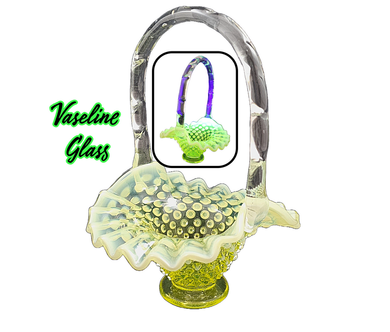 Fenton Vaseline Glass Opalescent Yellow Topaz Hobnail Ruffle Basket