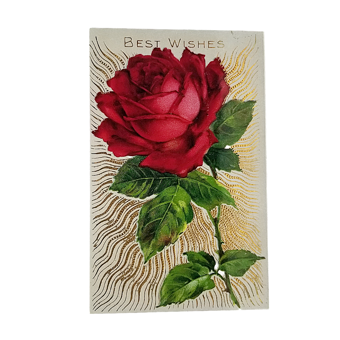 Greetings Postcard Best Wishes Red Rose Gold Highlights Gel Finish Series 7028