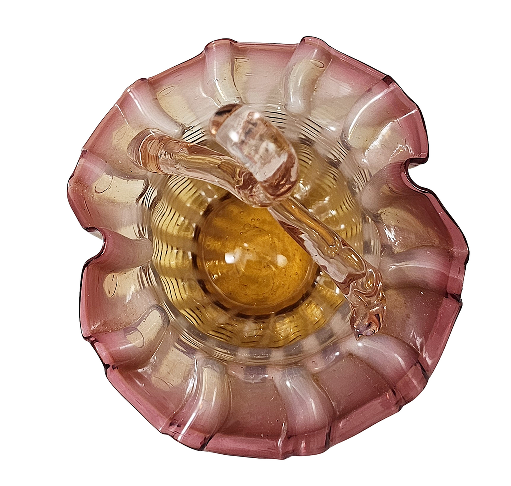 Victorian Stevens Williams Art Glass Miniature Pink Opalescent Stripe Basket