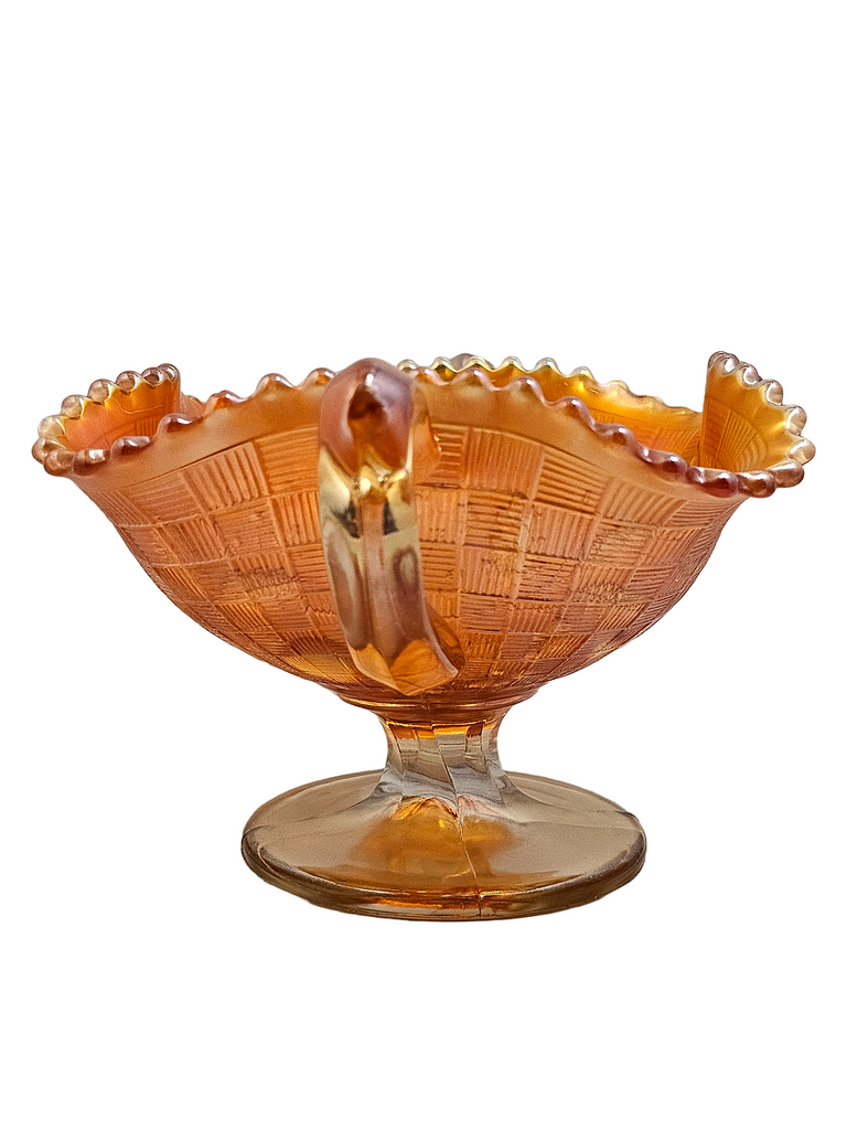 Northwood Marigold Orange Fruits & Flowers Carnival Glass Bon Bon Dish with Basket Weave Exterior