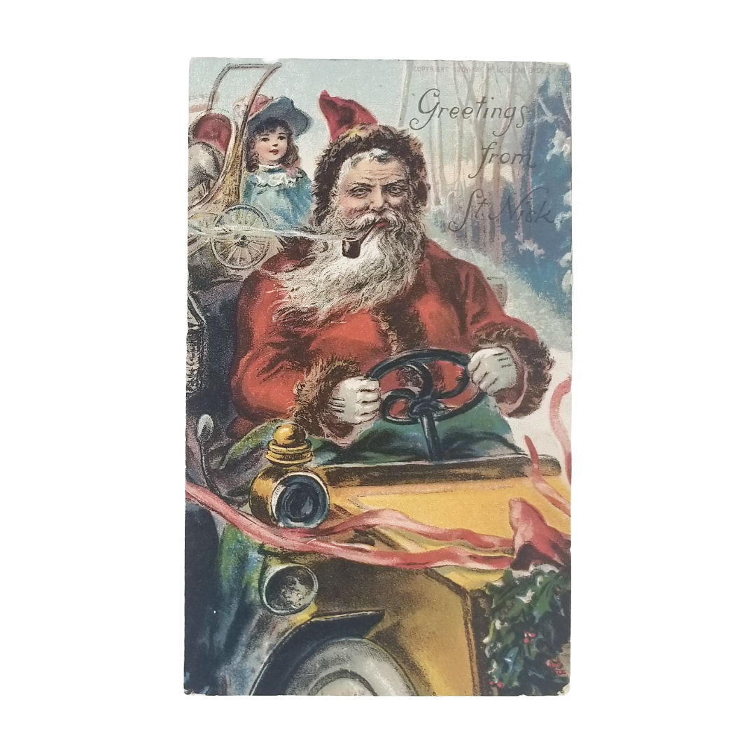 Christmas Postcard Santa Smoking Pipe Driving Car w/ Toys Greetings from St Nick