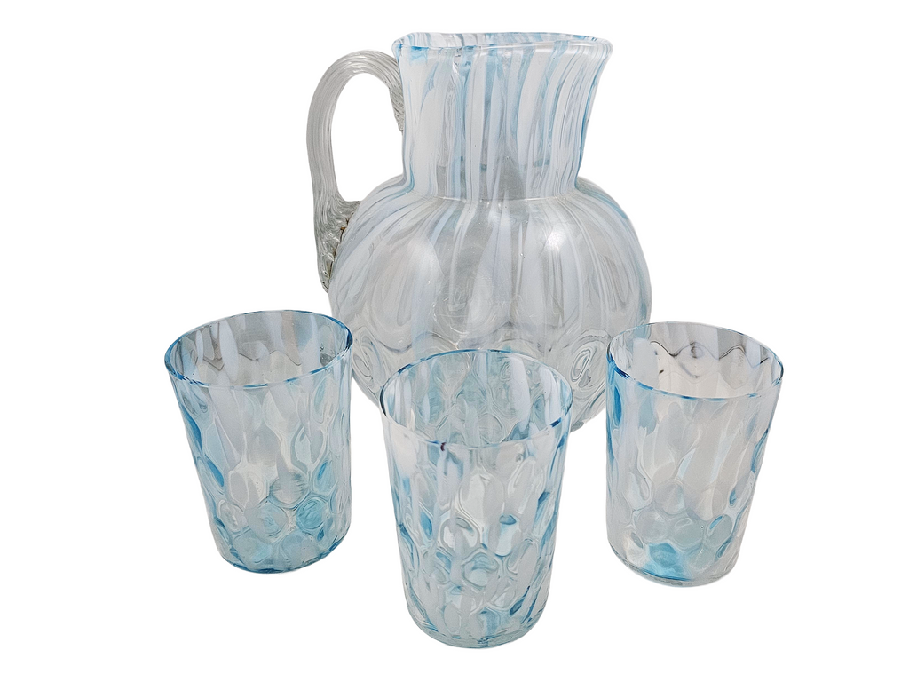 Phoenix Spot Optic Spatter Glass Four Piece Water Set Pitcher Tumblers Opal Blue